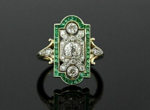 Antique Art Deco Emerald Frame Lab-Created Diamond Engagement Gold Plated Ring