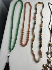 Vintage Asian Jade Rose Quartz Carved Beaded Necklaces Bracelet Jewelry Lot 7pcs