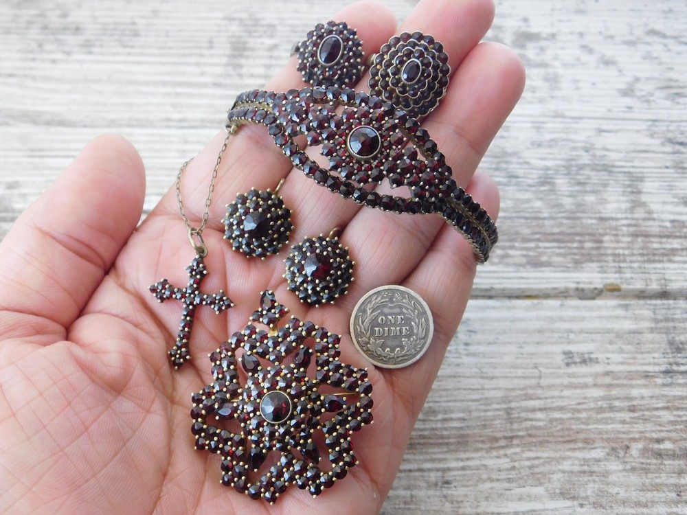 Vtg Antique 900 Silver Bohemian Garnet Bracelet Ring Necklace Pin Pendant Lot