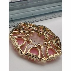 VTG Kramer Signed Brooch Pink Thermoset Tulip Wreath Clear Rhinestones 2.25in