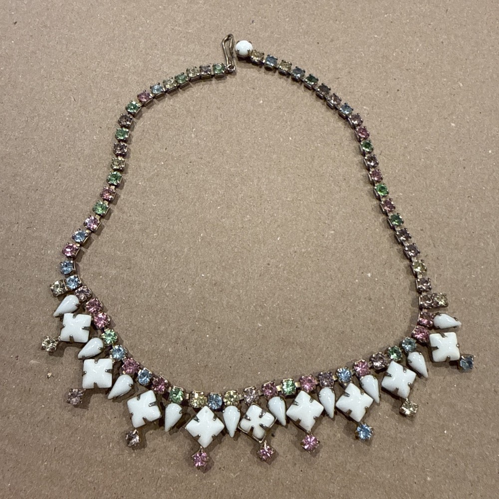 White Milk Glass Rhinestone Pastel Pink Green Blue Yellow Necklace