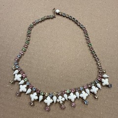 White Milk Glass Rhinestone Pastel Pink Green Blue Yellow Necklace