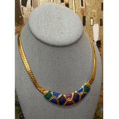 Vintage Enamel Jewel Tone Collar Necklace Womens Gold Tone Herringbone 16″