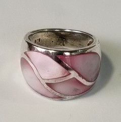 Vtg Sterling Silver Inlay Pink & White MOP Wide Ring 11.75 Gm Sz 8
