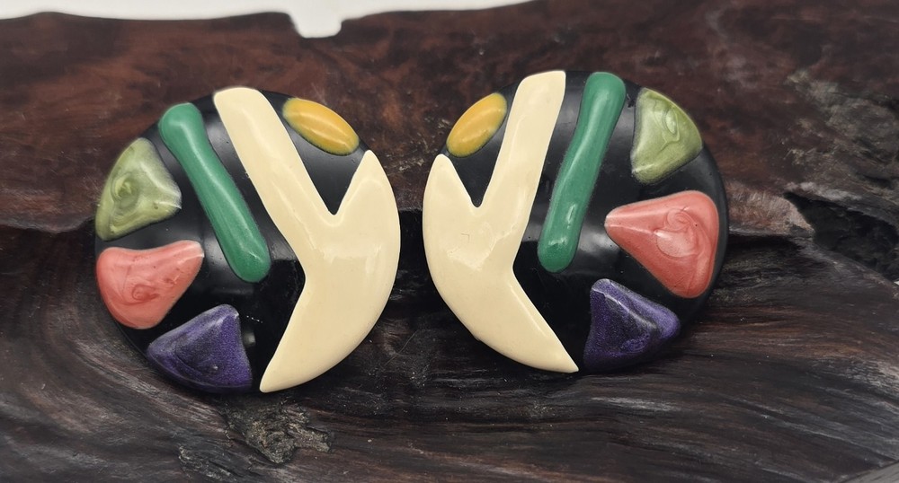 Authentic 1980’s Enameled Abstract Multi Color Large Round Pierced Earrings