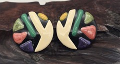 Authentic 1980’s Enameled Abstract Multi Color Large Round Pierced Earrings