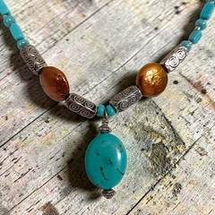 Turquoise Beaded Necklace Blue Howlite Nuggets Silver Tone Western Southwestern