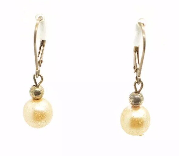 Sterling Silver Faux Pearl Earrings Designer MO Pierced Dangle Drop Leverback