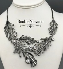 Givenchy Gun Metal & Rhinestone Textured Leaves Statement Bib Necklace WOW!!