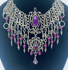 Vintage French DLH DEPOSE Necklace Bib Statement Pewter Purple 14.5″ Costume