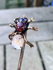 10K Rose Gold Antique Spider Stick Pin Sapphires Ruby Moonstone Victorian Rare!!