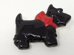 Vintage Scottie Dog Brooch Black Enamel Red Bow Flying Colors Figural Pin