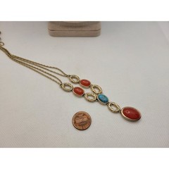 Monet Y Necklace Blue Red Acrylic Stones Matte Goldtone Southwest