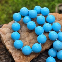Vintage German Glass Bead Statement Necklace Hand knotted Sky Blue 15.5 in. +2in