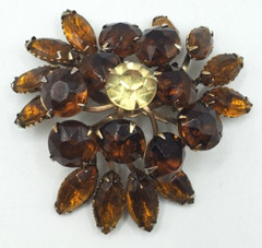 Vintage Rhinestones Brooch Topaz Amber Color Flower Prong Set Stones Pin