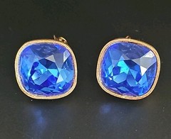 Vintage Mary Frost Crystal Royal Blue Gold Clip Earrings Statement Runway