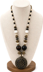 Vintage Boho Beaded Statement Necklace Brass Wood Round Pendant Black White