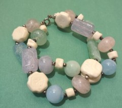Vintage Colorful ACRYLIC Beaded DOUBLE Stranded Bracelet in Silver Tone