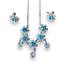 Vintage Nemo Signed Earrings and Necklace Aqua Rhinestone Silver Tone Costume