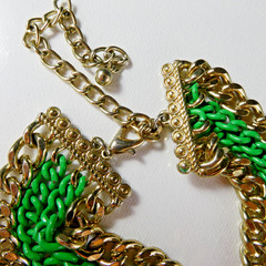 Multi Chain Necklace Gold & Green Enamel Oval Accents Designer Quality