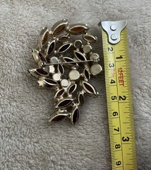 Vintage Brooch Amber Tones Navette AB Rhinestone Pin Layered Leaf Design 2.5 in.