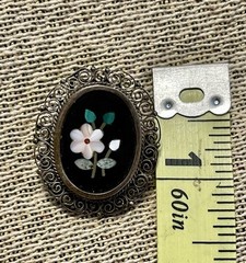 Antique 800 Silver Pietra Dura Floral Mosiac Filigree Oval Brooch