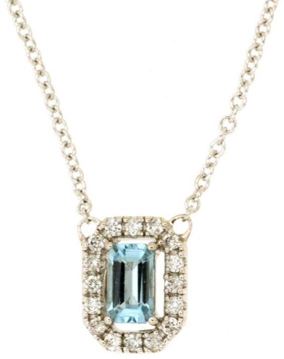 .34CT DIAMOND & AAA AQUAMARINE 14KT WHITE GOLD EMERALD CUT & ROUND HALO NECKLACE
