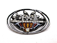 Vintage Pierre Bex French Brooch Pin Enamel Rhinestone Art Deco Trombone Clasp