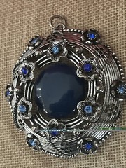 VTG Signed GB Silver Tone Blue Cabochon Rhinestone Filigree Pendant LARGE 2.5 in