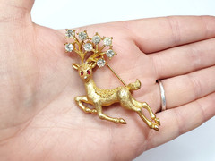 Vintage Signed Mamselle Rhinestone Leaping Reindeer Christmas Holiday Brooch Pin