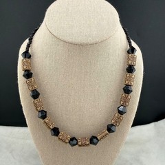 Vintage Beaded Necklace Black Glass 19”