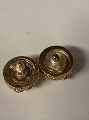 Vintage Carol Lee Earrings Large Statement Button Iridescent Pearl In Gold Cage