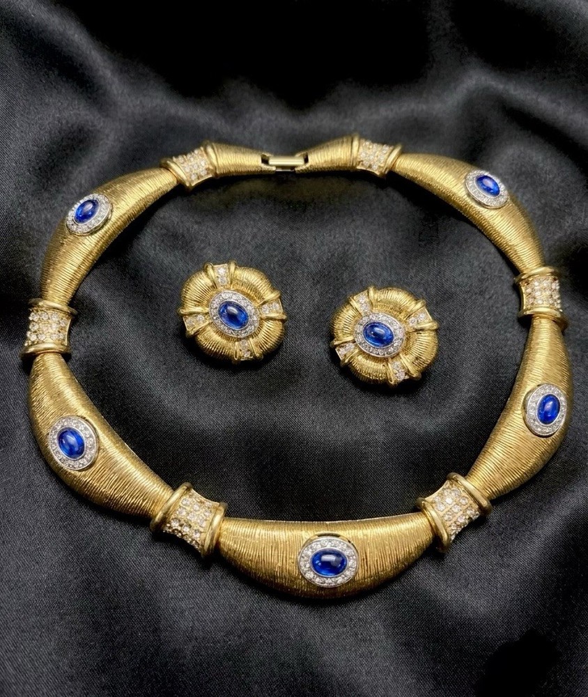 Unsigned Christian Dior Vintage Blue/Clear Crystal Omega Collar Dome Earring Set