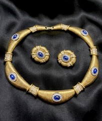 Unsigned Christian Dior Vintage Blue/Clear Crystal Omega Collar Dome Earring Set