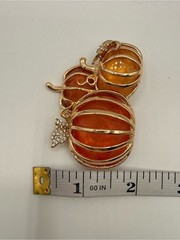 Napier Gold Tone Pumpkin Harvest Brooch Pin Amber Orange Rhinestone Fall Autumn
