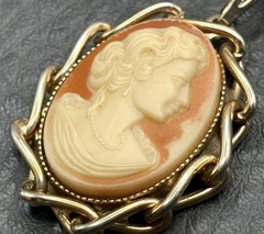 Vintage Faux Shell Cameo Pendant Gold Tone Twisted Frame Victorian Style