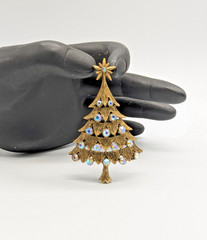 Vintage Christmas Tree Brass Tone Brooch Pin with Aurora Borealis Rhinestones