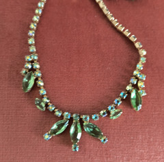 Beautiful Green Rhinestone Costume Necklace + Earrings-1940s- many Rhinestones!