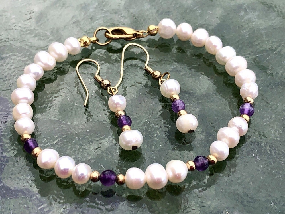 Vintage Genuine Pearl And Lavender Purple Amethyst Bead Bracelet & Earrings