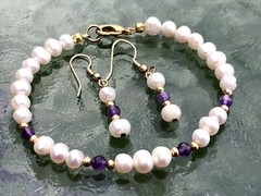 Vintage Genuine Pearl And Lavender Purple Amethyst Bead Bracelet & Earrings