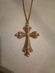 Vintage Gold Tone Filigree 3.5 “ inch Cross Pendant Necklace with Faux Pearls