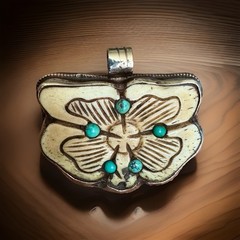 Vintage & Hand Carved Bone With Turquoise Butterfly Pendant Set In Silver 27gram