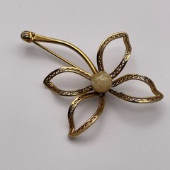 Vintage Flower Pin, 12K Gold-Filled, with Opal Stone, 2-1/2 inches, secure clasp
