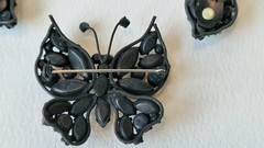 Vintage 1950s metal rhinestone butterfly brooch and matching earring set