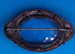 Vintage Ornate Oval Brooch Dark Tone Metal 1.75″ L Blue Glass Victorian Style