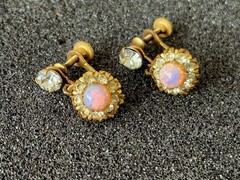 Vargas Faux Fire Opal Earrings Gold Plated Rhinestone Screwback Vintage 50s