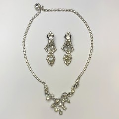 Vintage Choker Necklace Clear Rhinestone Silver Tone Asymmetrical w/ Earrings