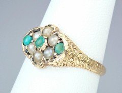 Pretty Antique Victorian 15K Gold Turquoise Pearl Floral Engraved Ring 1869 5.75