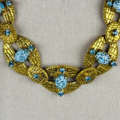 Vintage Czech Brass Blue Confetti Soapstone Cabochon Art Deco Revival Necklace