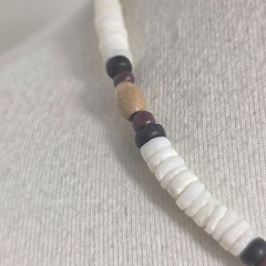 Puka Shell Necklace White Heishi Beads with Tan, Black & Burgundy Accent Beads